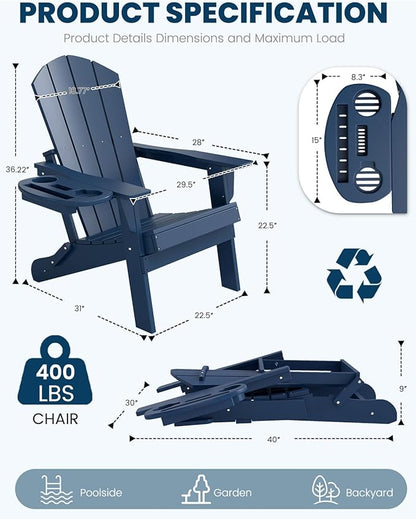 FOOWIN Folding Adirondack Chair Set of 8, HDPE Adirondack Chairs with Cup Holder, Weather Resistant Plastic Fire Pit Chairs for Outdoor, Patio, Lawn, Garden, Backyard, Deck, Dark Blue