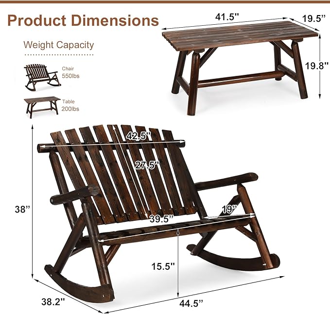 HOMEDIARY Outdoor Wood Rocking Bench Set, Patio Bistro Set-2 Person Rustic Adirondack Log Rocker with Side Table, Slatted Seat/High Backrest, Patio Rocking Furniture Set for Garden, Carbonized