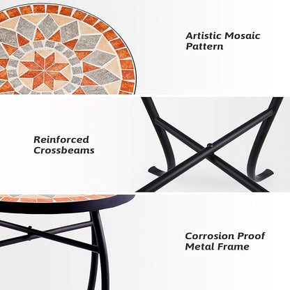 VONLUCE Mosaic Side Table and Plant Stand, 21" Round End Table with 14" Ceramic Tile Top, Indoor and Outdoor Accent Table, Porch Patio Furniture, Entryway & Coffee Table for Home & Garden, Quilt Star