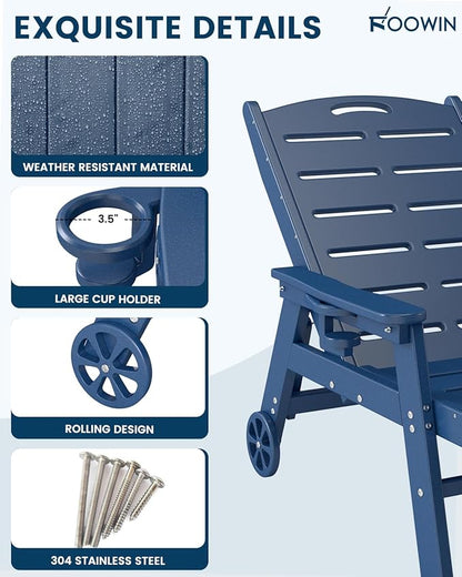 FOOWIN Chaise Lounge Chair Set of 2，HDPE Lounge Chair Outdoor with 5 Positions,Oversized Pool Lounge Chairs with Rolling Wheels & Cup Holder for Poolside Deck Backyard,Blue