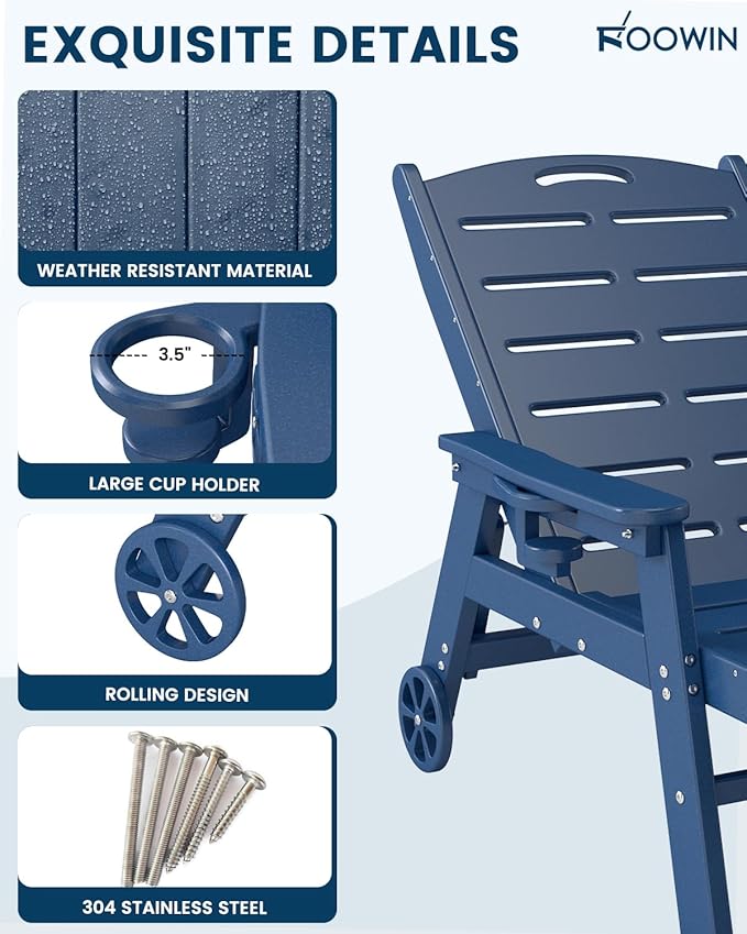 FOOWIN Chaise Lounge Chair，HDPE Lounge Chair Outdoor with 5 Positions,Oversized Pool Lounge Chairs with Rolling Wheels & Cup Holder for Poolside Deck Backyard,Blue