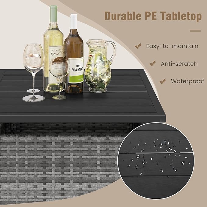 Tangkula Outdoor Wicker Table, Rattan Coffee Table with Umbrella Insert Hole, HDPE Tabletop & Sturdy Metal Frame, Patio Umbrella Side Table Stand for Backyard, Garden, Poolside (Mix Grey)