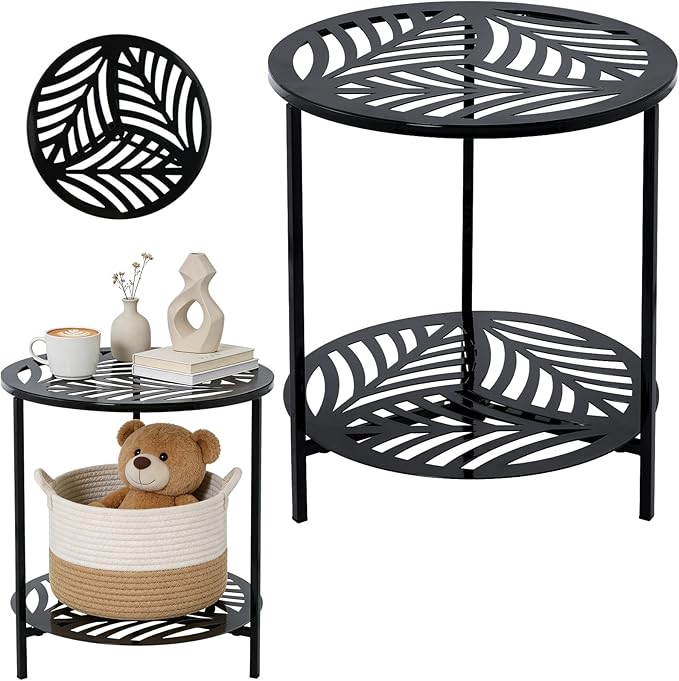17.7" Two-tiered Metal Round Side Tables Extra-large Black Outside End Table for Patio Round Accent Garden Corner Stand - Photo 1