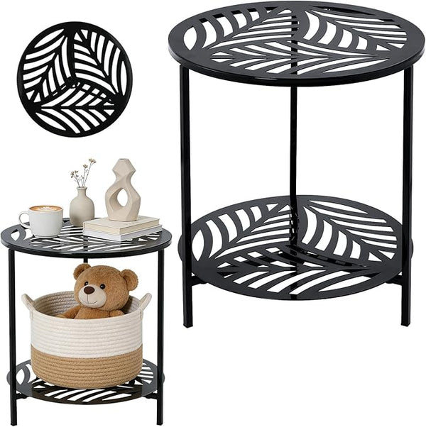 17.7" Two-tiered Metal Round Side Tables Extra-large Black Outside End Table for Patio Round Accent Garden Corner Stand - Photo 1