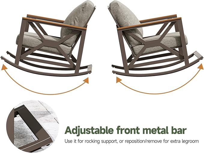 Rocking Bistro Set, 3-Piece Patio Conversation Set, Galvanized Frame Patio Rocking Chairs Set of 2 with Coffee Table and Thickened All-Weather Cushion(Grey)