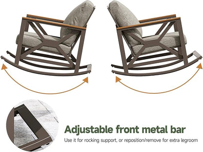 Rocking Bistro Set, 3-Piece Patio Conversation Set, Galvanized Frame Patio Rocking Chairs Set of 2 with Coffee Table and Thickened All-Weather Cushion(Grey)