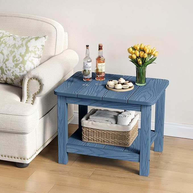 18" Outdoor Side Table, 2-Tier Patio Side Table, Weather Resistant, Easy Assembled, HIPS Adirondack Side Table for Backyard, Pool, Indoor, Blue