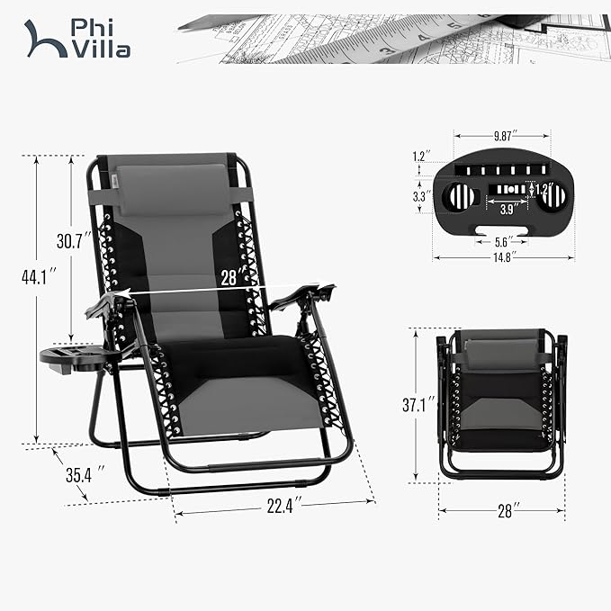 PHI VILLA Zero Gravity Chair Set of 2, Padded Anti Gravity Recliner, Oversized 28" Wide Seat, Foldable Patio Lounger with Armrest & Cup Holder, Supports 400 LBS (Grey)