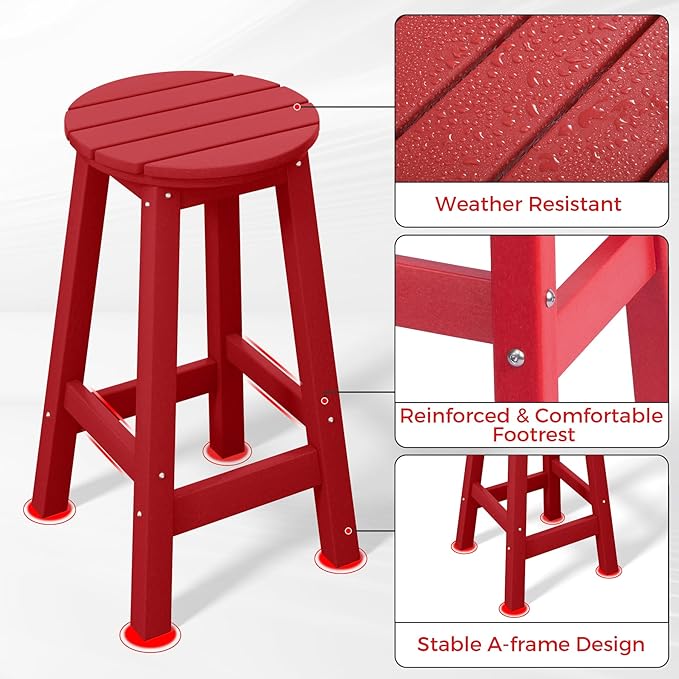 Costaelm 24" Height Outdoor Bar Stools, All-Weather Bar Stools, Adirondack Poly Patio Round Bar Stool for Patio, Deck, Kitchen Counter and Garden, Red