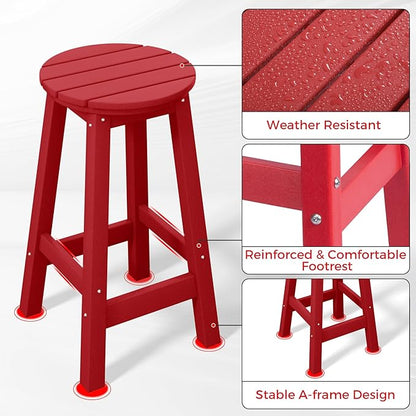 Costaelm 24" Height Outdoor Bar Stools, All-Weather Bar Stools, Adirondack Poly Patio Round Bar Stool for Patio, Deck, Kitchen Counter and Garden, Red