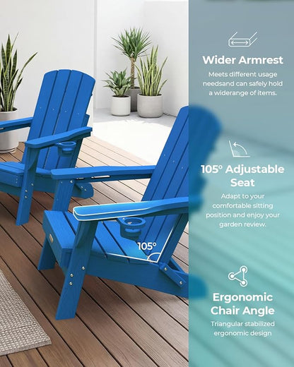 Folding Adirondack Chair, HDPE All-Weather Fire Pit Chairs, Plastic Adirondack Chairs with 2 Cup Holder, Outdoor Lawn Chair for Patio Garden (Royal Blue)