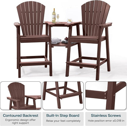 Tall Adirondack Chairs Set of 4, HDPE Balcony Chair with Double Connecting Tray, Weather Resistant Outdoor Adirondack Bar Stools for Patio, Deck, Patio, Backyard, Balcony. (Brown)