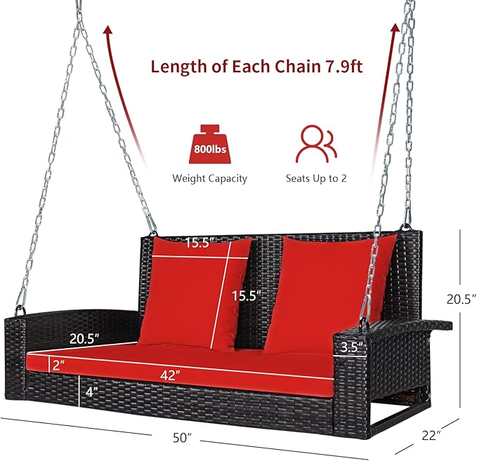 RELAX4LIFE Porch Swing 2-Seat Patio Rattan, Wicker Porch Swings Outdoor W/Two 7.9 Ft Solid Steel Chain - Photo 8