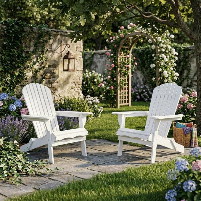 Premium Folding Adirondack Chairs Set of 2 - Solid Cedar Wood Outdoor Lounge Chairs with Embossed Wood Grain, Weather Resistant Patio Furniture for Garden, Poolside, Fire Pit & Backyard