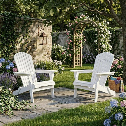 Premium Folding Adirondack Chairs Set of 2 - Solid Cedar Wood Outdoor Lounge Chairs with Embossed Wood Grain, Weather Resistant Patio Furniture for Garden, Poolside, Fire Pit & Backyard