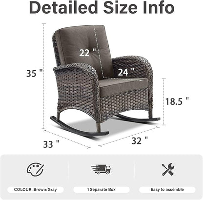 Belord Patio Rocking Chair Wicker Chair, 1 Piece Outdoor Rocking Chair Seating with Cushions for Porch Deck Balcony, Brown/Gray