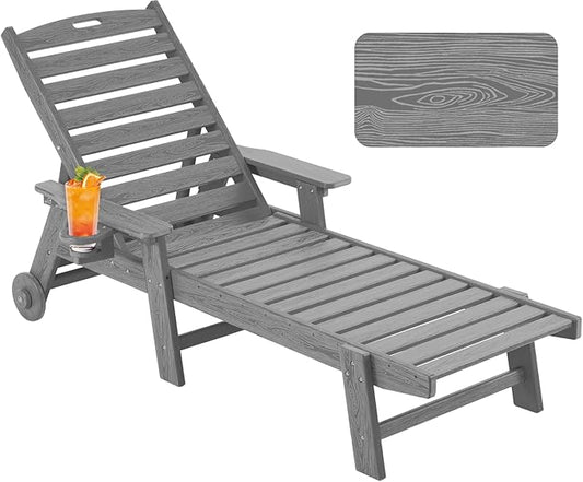 Chaise Lounge Chair Outdoor with Wheels, Oversize Patio Lounge Chairs with Wood Texture, 5-Position Plastic Lounge Chairs for Poolside, Patio, Deck, Beach