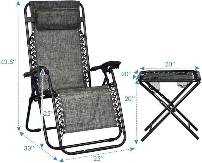 Giantex 3 PCS Zero Gravity Chair Patio Chaise Lounge Chairs Outdoor Yard Pool Recliner Folding Lounge Table Chair Set - Photo 6