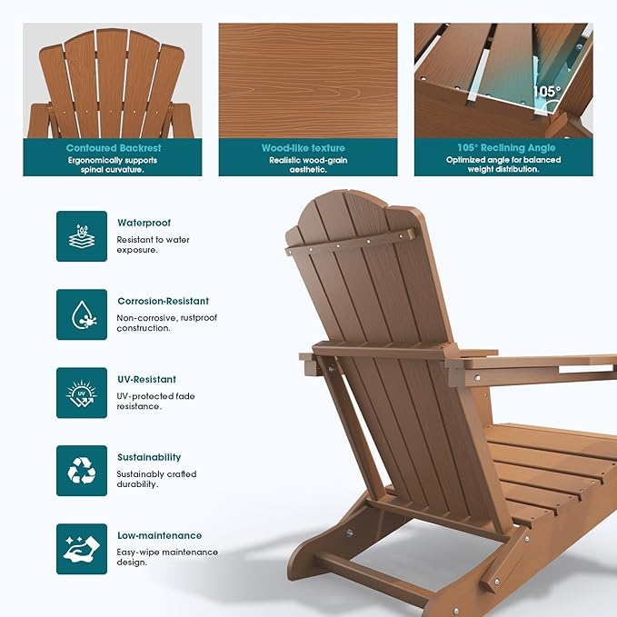Folding Adirondack Chair Set of 4, HDPE All-Weather Outdoor Chair with Cup Holder, Wooden Textured, Fire Pit Chair - Photo 6