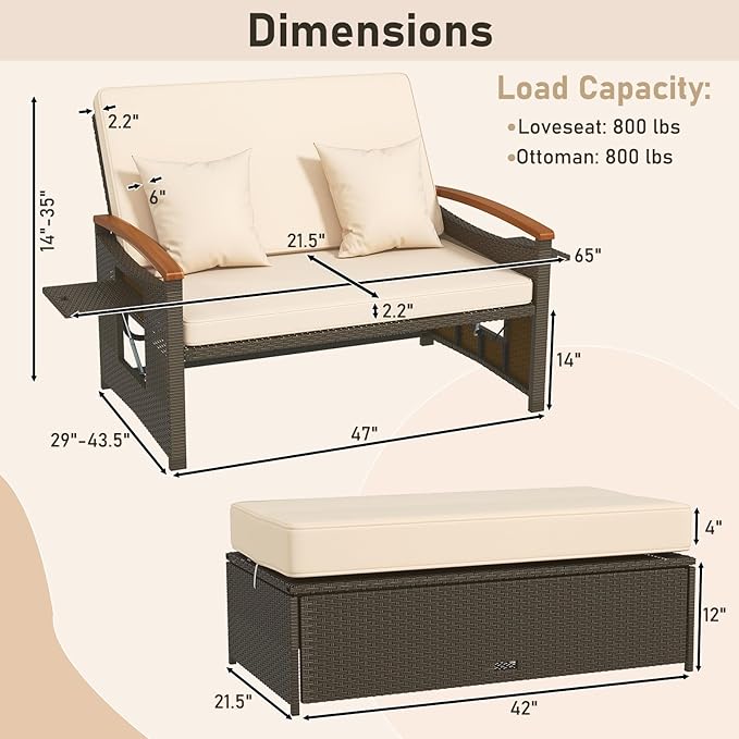 LDAILY Moccha Outdoor Wicker Daybed, Patio Rattan Loveseat Sofa w/ 4-Level Adjustable Backrest, Folding Panels - Photo 8