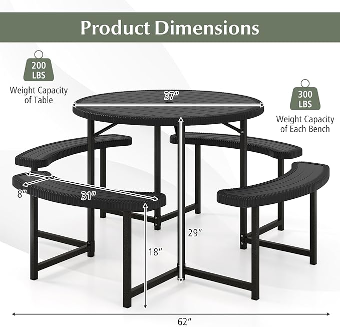 Giantex Picnic Table Bench Set for 4-8 Person, Round 37” Outdoor Dining Table w/Umbrella Hole, HDPE Tabletop - Photo 6