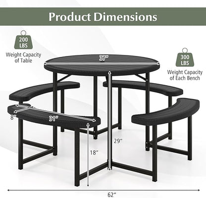 Giantex Picnic Table Bench Set for 4-8 Person, Round 37” Outdoor Dining Table w/Umbrella Hole, HDPE Tabletop, Metal Frame, Patio Furniture Set for Backyard Porch Lawn, 1400lb Capacity (Black,Round)