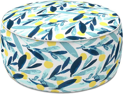 LVTXIII Outdoor/Indoor Inflatable Stool Ottoman, All Weather Patio Footrest Pouf, Portable Round Ottoman for Patio Garden, Camping or Home, D21xH9 Inches, Blue Leaves
