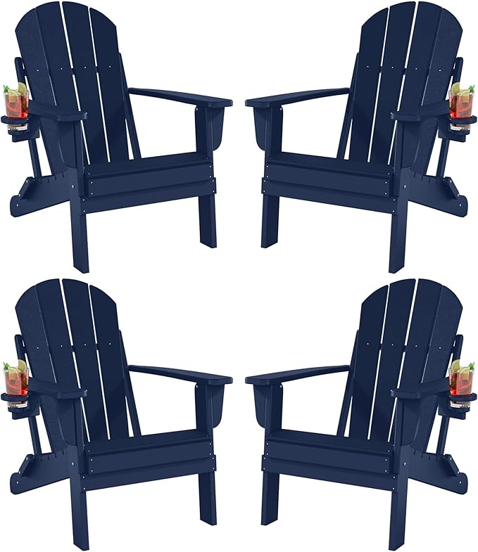 Folding Adirondack Chairs Set of 4, All-Weather Resistant HDPE Patio Firepit Chairs, Sturdy Outside Chairs with Cup Holder, Lawn Chairs, 80% Pre-Installed Load Capacity 385lb, Navy Blue