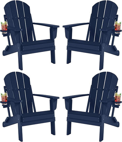 Folding Adirondack Chairs Set of 4, All-Weather Resistant HDPE Patio Firepit Chairs, Sturdy Outside Chairs with Cup Holder, Lawn Chairs, 80% Pre-Installed Load Capacity 385lb, Navy Blue