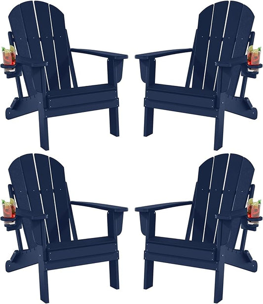 Folding Adirondack Chairs Set of 4, All-Weather Resistant HDPE Patio Firepit Chairs, Sturdy Outside Chairs with Cup Holder, Lawn Chairs, 80% Pre-Installed Load Capacity 385lb, Navy Blue