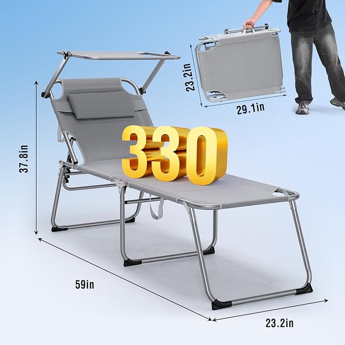 Unovivy Outdoor Lounge Chairs with Canopy Set of 2, Folding Tanning Chair with 5-Position Reclining Back - Photo 2