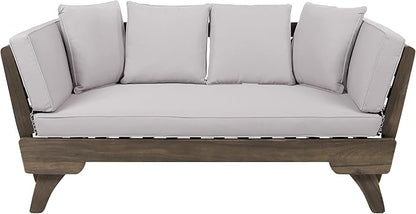 Christopher Knight Home Gary Patio Convertible Couch, Wooden Outdoor Daybed, 3-Seater Acacia Wood Patio Furniture Lounge Sofa for Backyard/Poolside/Garden, Back Pillow+Removable Cushion, Grey