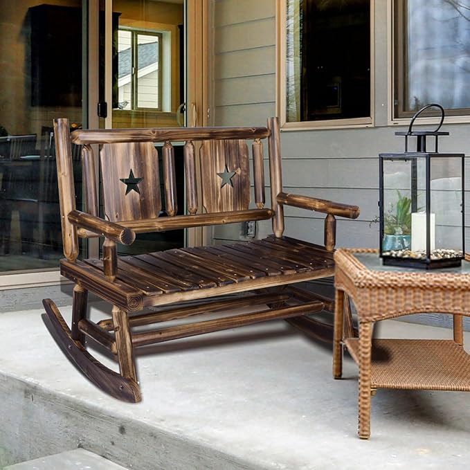 XCSOURCE Outdoor Rocking Bench, Wooden Double Outdoor Patio Rocker Chair for 2 Persons, Rustic Log Porch Bench for Farmhouse Decoration (Brown)