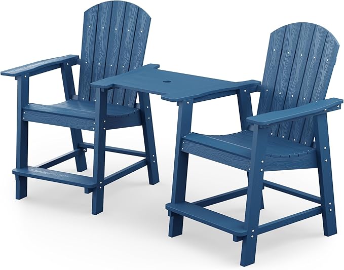 YEFU Tall Adirondack Chair Set of 2, Balcony Chair with Connecting Table, Poly Lumber Adirondack Chair, Patio Bar Stools, 380lbs, Weather Resistant for Outdoor Deck Lawn Pool-Navy Blue
