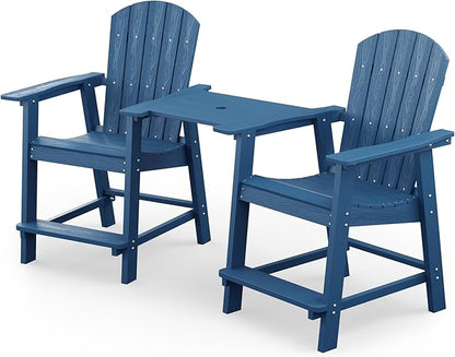 YEFU Tall Adirondack Chair Set of 2, Balcony Chair with Connecting Table, Poly Lumber Adirondack Chair, Patio Bar Stools, 380lbs, Weather Resistant for Outdoor Deck Lawn Pool-Navy Blue