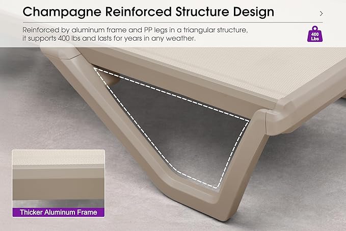 PURPLE LEAF Outdoor Chaise Lounge Chair Set of 2 Pool Lounge Chair with Champagne Aluminum Plastic Stackable Patio Lounge Chair for Poolside Sunbathing Beach Deck Yard, Beige