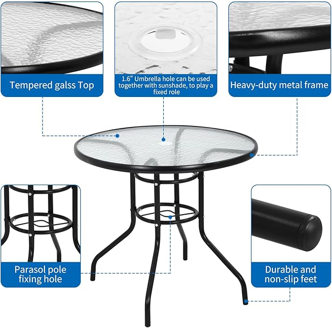 BSTOPHKL 32" Outdoor Patio Table with Umbrella Hole Round Outdoor Coffee Table Tempered Glass Top, All Weather Dining Table Bistro Table Suitable for Backyards, Balconies, Gardens and Lawns (Round)