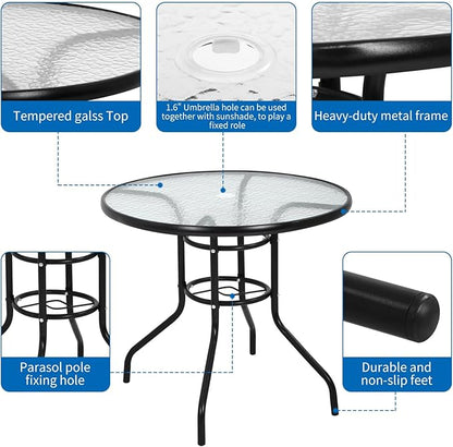 BSTOPHKL 32" Outdoor Patio Table with Umbrella Hole Round Outdoor Coffee Table Tempered Glass Top, All Weather Dining Table Bistro Table Suitable for Backyards, Balconies, Gardens and Lawns (Round)