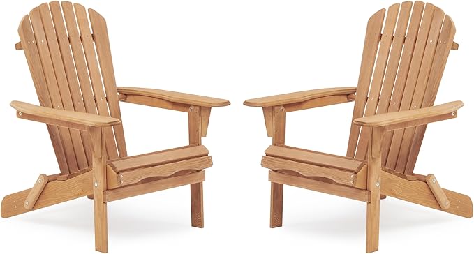Wooden Folding Adirondack Chair Set of 2, Half Pre-Assembled Wood Lounge Chair for Outdoor Patio Garden Lawn Backyard Deck Pool Beach Firepit Light Brown