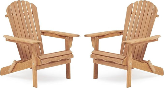 Wooden Folding Adirondack Chair Set of 2, Half Pre-Assembled Wood Lounge Chair for Outdoor Patio Garden Lawn Backyard Deck Pool Beach Firepit Light Brown