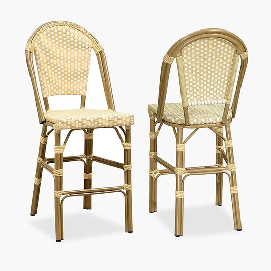 PURPLE LEAF French Counter Height Bar Stool Set of 2 25" Bamboo Print Finish Patio Bar Chairs with Back Rattan Bar Chairs French Bistro Set for Kitchen Outdoor Counter Stool Cream Yellow