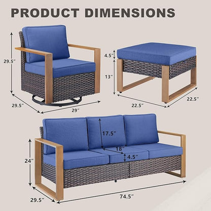 Rilyson Outdoor Wicker Patio Furniture Set - 7 Piece Patio Conversation Set with 4 Wicker Swivel Rocker Chairs,2 Rattan Ottoman and 1 Couch,Thick Cushions,Deep Seating,Wide Armrest(Brown/Blue)