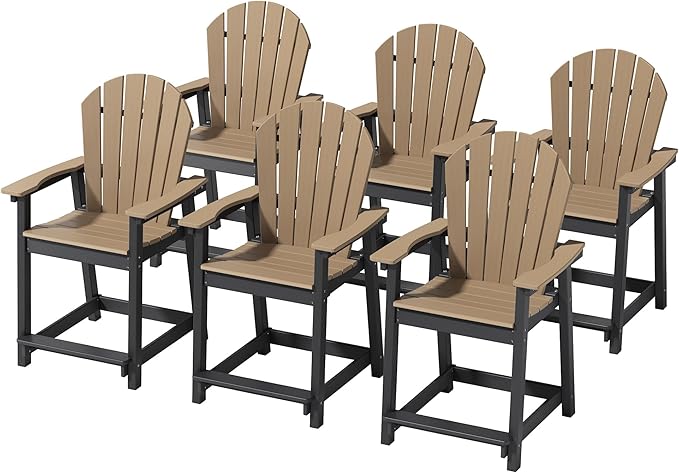 Tall Adirondack Chairs Set of 6, Outdoor Bar Height Chair for Patio, Heavy-Duty Tall Adirondack Chair, Weatherproof HDPE Chairs for Deck, Poolside, Brown and Black