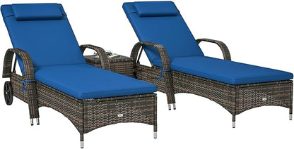 Outsunny Wicker Outdoor Chaise Lounge Chair Set of 3 with Side Table, 5-Level Adjustable Backrest PE Rattan Pool Lounge Chair with Wheels, Cushion & Headrest, Blue