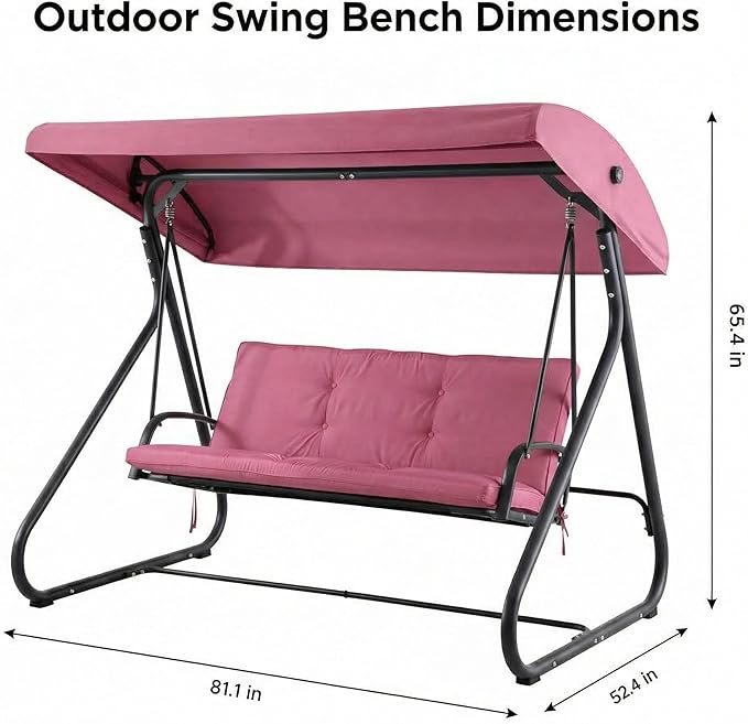 3-Seat Outdoor Convertible Swing Glider with Adjustable Canopy, 2-in-1 Bench to Flat Bed, Removable Cushions - Photo 2