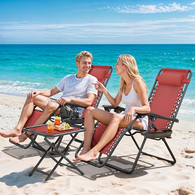 Magshion Folding Zero Gravity Chairs Set of 2, Outdoor Reclining Camping Chairs, Patio Lounge Recliners with Side Table & Cup Holder Tray, Maroon