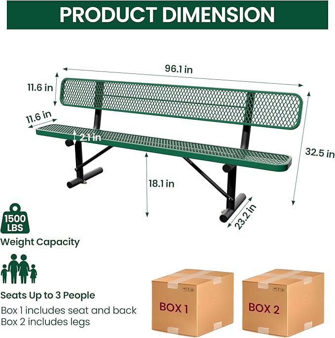8 Feet Steel Park Bench for Outside, Outdoor Bench with Backrest & Portable Frame, Commercial Benches for Shopping Malls, Stores, Parks, Patios, Decks, Green