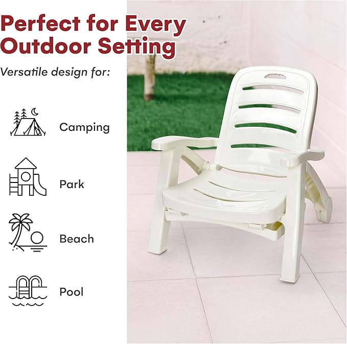Wild Wolf Outfitters Outdoor Folding Lounge Chair - Adjustable Lightweight Chaise Pool Chairs - Plastic Chairs for Patio, Lawn, Deck or Beach- Outdoor Furniture - White, Chaise Lounge Outdoor