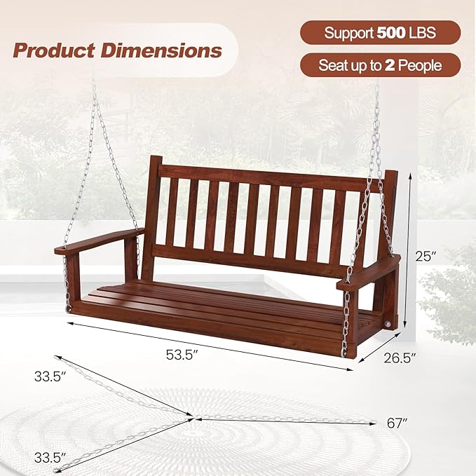 Tangkula 2 Person Wooden Porch Swing, Hanging Patio Swing with 2 Adjustable Galvanized Metal Chains, Slatted Back & Seat - Photo 7