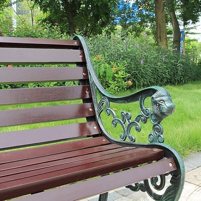 Outdoor Park Garden Bench with Cover, 2-3 Person Wood Patio Bench with Backrest+Armrests Weatherproof, Patio Porch Furniture Cast Iron Frame Bench for Lawn Porch Backyard(Brown+Antique Green)